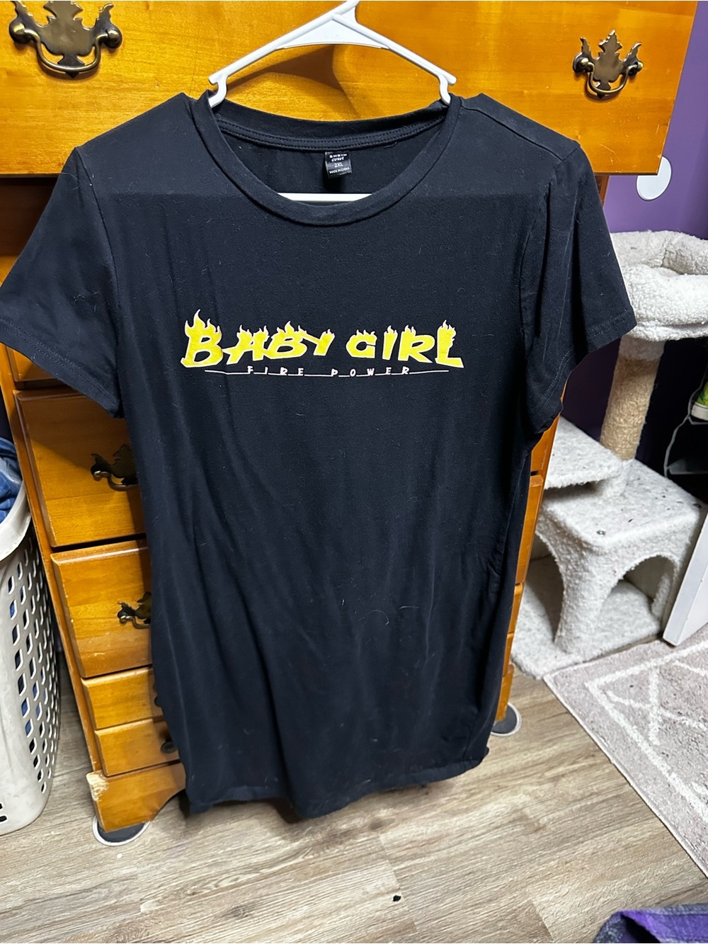 SHEIN Black t-shirt dress with Yellow Flame 'Baby Girl' Graphic